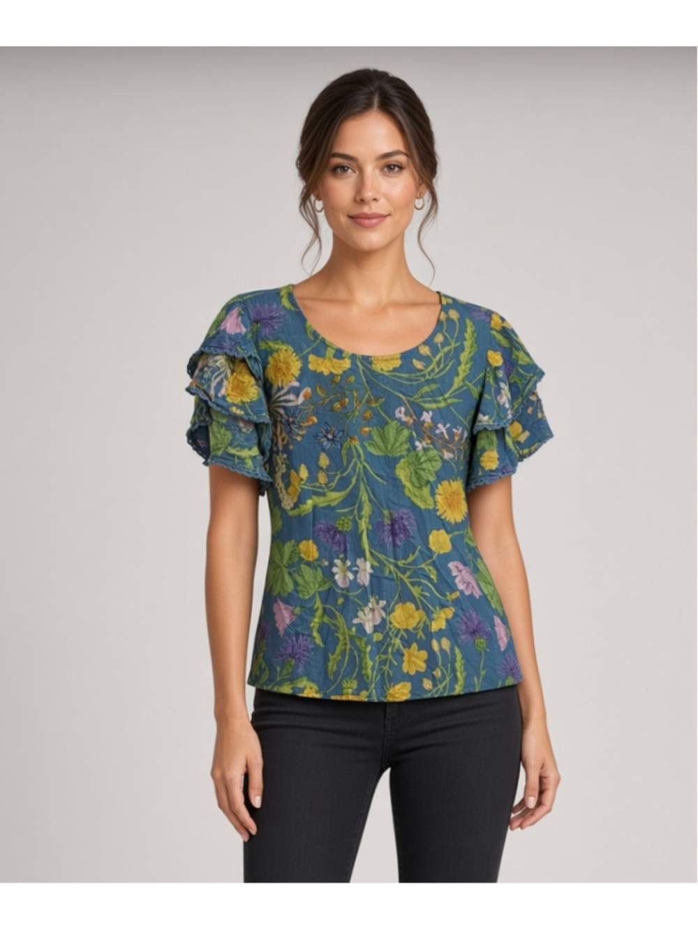 Rachel Rachel Roy Blue Botanical Floral Tiered Ruffle Sleeve Top Blouse Size 1X